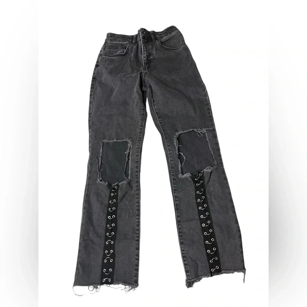 The Ragged Priest Jeans Faded Black High Rise Crop Straight Metal Rings Size 26